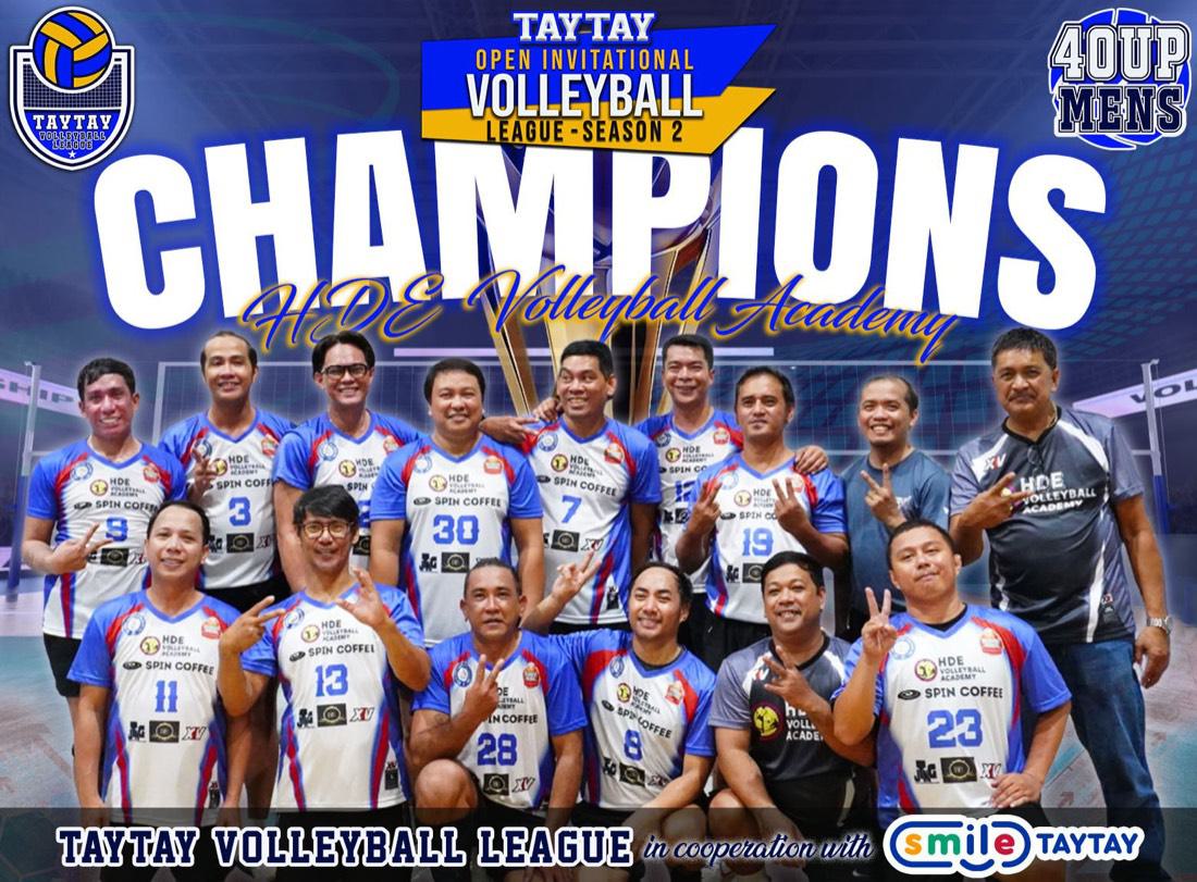Champions poster for the HDE 40 Up men's team at the Taytay Volleyball League
