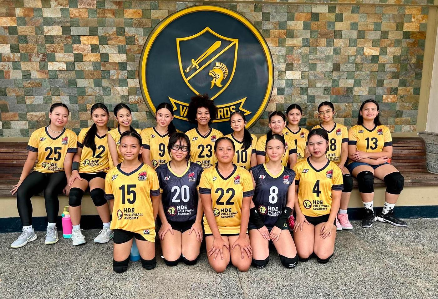 An HDE girls team in gold and black in front of a stone wall crest